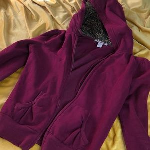 Fur-lined hooded zip-up sweatshirt